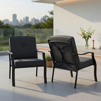 2 pc Patio Metal Chairs with Seat and Back Cushions for Yard