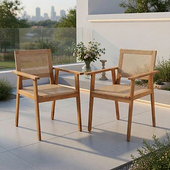 Acacia Wood Outdoor Dining Chairs Set of 2 PE Rattan Patio Chairs with Backrests and Armrests
