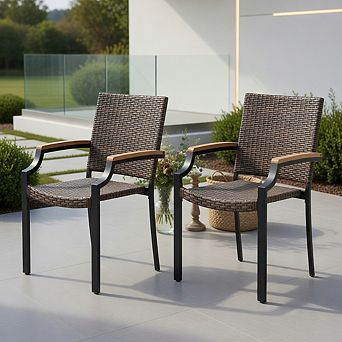 Stacking Wicker Chairs Set of 2 Patio Rattan Dining Chairs with Acacia Wood Armrests