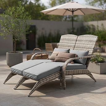 2-Person Gray Yellow PE Rattan Adirondack Set, Cushions & Footrests