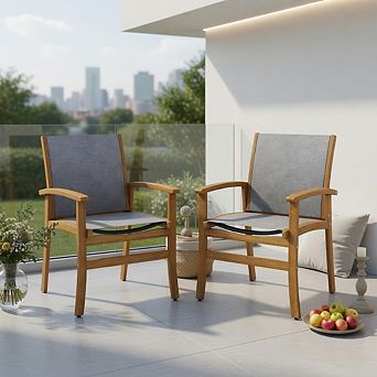 Set of 2 Patio Dining Chairs with Breathable Fabric and Acacia Wood Frame