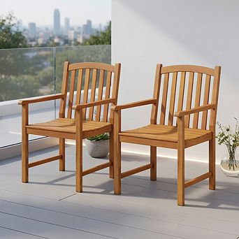 Solid Acacia Wood Patio Chairs Set of 2 with Slatted Seat and Inclined Backrest for Porch