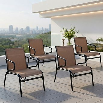 Patio Chairs Set of 4 with Breathable Fabric for Poolside-Coffee