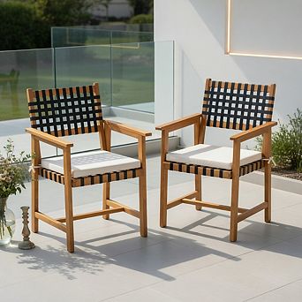 Outdoor Wooden Dining Chair Set of 2 with Armrests and Curved Back-White
