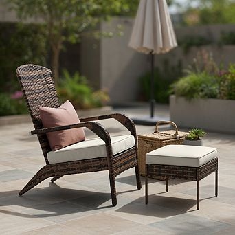 White Brown PE Rattan Adirondack Chair with Ottoman & Cushions