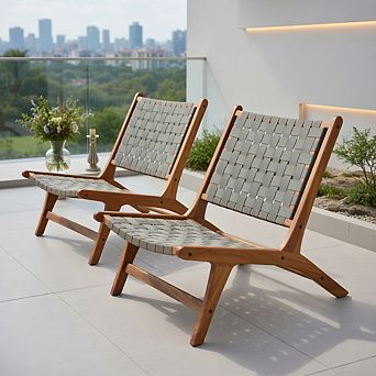 Patio Teak Wood Chair Outdoor Mid-Century Accent Chair with Nylon Webbing Seat
