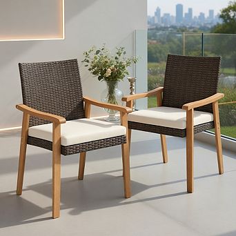 PE Rattan Outdoor Patio Dining Chair Set of 2 with Removable Cushion and Acacia Wood Armrests-White