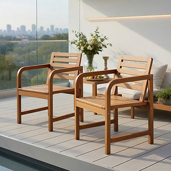 Natural Wood Patio Armchair with Slanted Back and Slatted Seat