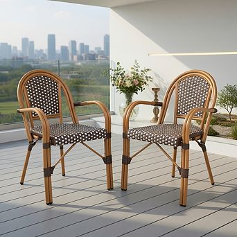 Hand-Woven PE Wicker Outdoor French Bistro Chairs Set of 2