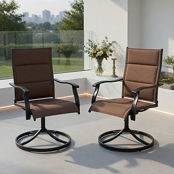 Padded Patio Swivel Chairs Set of 2 Ergonomic Outdoor Dining Chairs with Breathable Fabric-Brown
