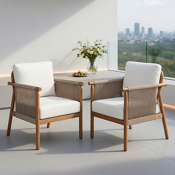 Patio Acacia Wood Chair Set of 2 with Woven Rope Armrests and Seat Back Cushions for Backyard