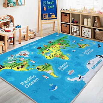 Playroom Rug 48x60 inch World Map Animal Play Mat Washable Educational Carpet for Bedroom Classroom