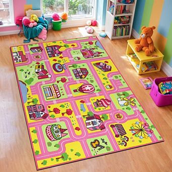 Pink Kids Play Rug Road Map 39x62 in Educational Traffic Car Mat Washable Non-Slip Area Carpet