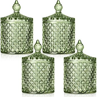 4 Crystal Glass Candy Jars with Lids Diamond Shape Storage Containers for Bathroom Kitchen Pantry