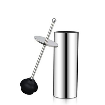 Metal Toilet Plunger with Holder, Heavy Duty Rubber Head, Compact Bathroom Drip Cup Design