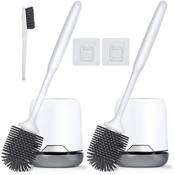 2 Pack Silicone Toilet Brush with Holder, Ventilated Bathroom Scrubber, Wall Mounted Floor Standing