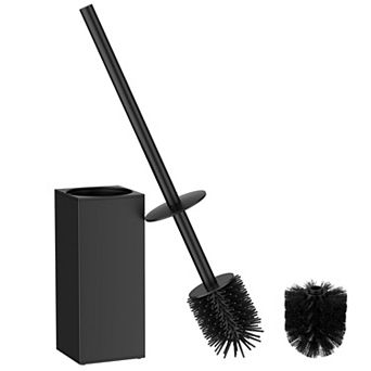 Toilet Brush Holder Set 304 Stainless Steel Square Base Long Handle Drip-Proof 2 Replaceable Heads