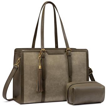 Women Laptop Tote Bag 15.6 Inch Vintage PU Leather Work Bag with Clutch Purse Large Capacity