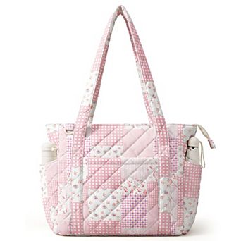 Quilted Tote Bag for Women Large Laptop Shoulder Bag with Zipper 15.6 Inch Work Travel Gym Floral