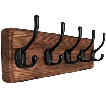 Rustic Wall Mounted Coat Rack 5 Hooks Pine Solid Wood Hook Hanger for Clothes Towels Coats Entryway
