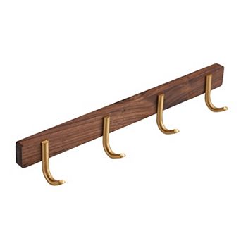 Wall Mounted Coat Rack Walnut Wood Rail 4 Hooks Entryway Organizer for Hat Bag Towel Key