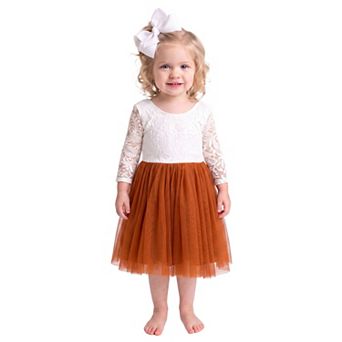2Bunnies Baby & Toddler Girls’ Peony Lace Long Sleeve Tiered Tulle Knee Dress
