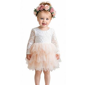 2Bunnies Baby & Toddler Girls’ Peony Lace Long Sleeve Tulle Knee Dress