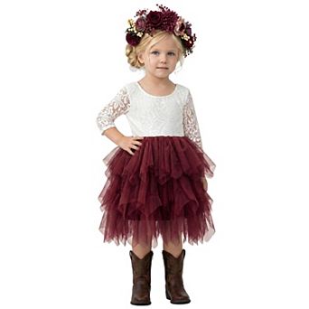 2Bunnies Baby & Toddler Girls’ Peony Lace Long Sleeve Tulle Knee Dress