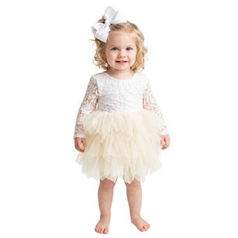 2Bunnies Baby & Toddler Girls’ Peony Lace Long Sleeve Tiered Tulle Knee Dress
