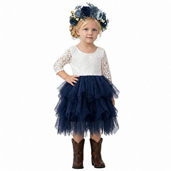 2Bunnies Baby & Toddler Girls’ Peony Lace Long Sleeve Tulle Knee Dress
