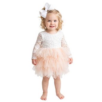 2Bunnies Baby & Toddler Girls’ Peony Lace Long Sleeve Tiered Tulle Knee Dress