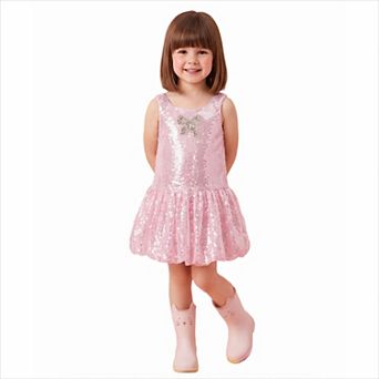 2Bunnies Girls' Sequin Sleeveless Bubble Dress with Rhinestone Bow