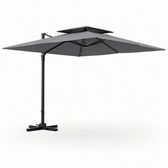 9.5ft Cantilever Patio Umbrella 360° Rotatable Double Canopy Navy With Tilt