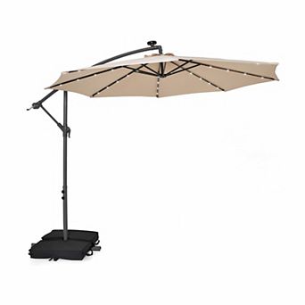10ft Cantilever Patio Umbrella 32 LED Lights With Solar Panel Batteries Tan Tilt Adjust