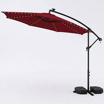10ft offset patio umbrella with 112 solar LED lights and adjustable tilt, beige-coffee