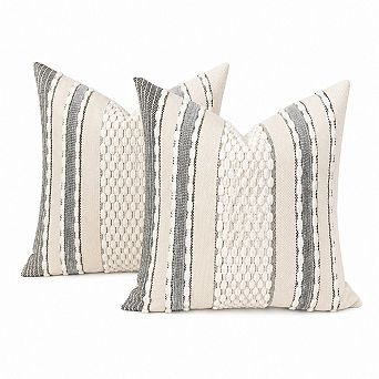 Set of 2 Boho Striped Tufted Chenille Throw Pillow Covers Decorative Soft Home Decor