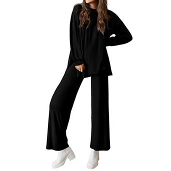 Womens 2 pc Casual Lounge Set Loose Fit Long Sleeve Wide Leg Pants Tracksuit