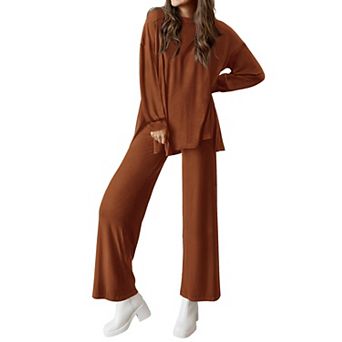 Womens 2 pc Casual Lounge Set Loose Fit Long Sleeve Wide Leg Pants Tracksuit
