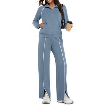 Womens 2 pc Fall Casual Zip Up Lounge Set Wide Leg Pants Tracksuit