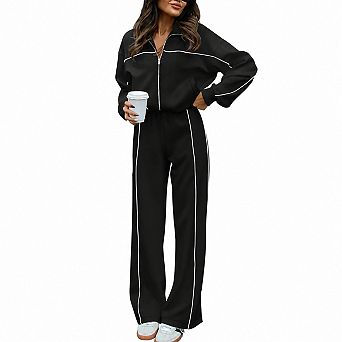 Womens 2 pc Fall Lounge Set Zip Up Sweatshirt Wide Leg Pants Tracksuit