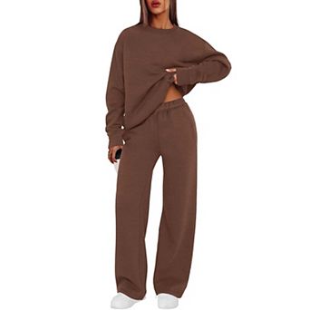 Womens 2 pc Crewneck Lounge Set Soft Comfy Wide Leg Tracksuits Casual Wear
