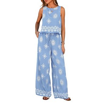 Womens 2 pc Boho Summer Lounge Set Sleeveless Tank Tops Wide Leg Pants With Pockets