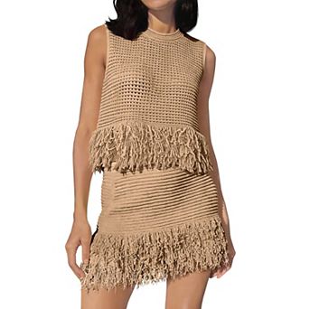 Womens 2 pc Crochet Summer Outfit Sleeveless Top Fringe Skirt Beach Cover Up
