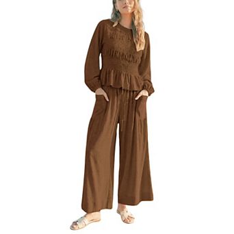 Womens 2 pc Boho Long Sleeve Smocked Top Wide Leg Pants Lounge Set With Pockets