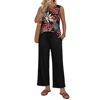Womens 2 pc Boho Print Sleeveless Top Wide Leg Pants Vacation Outfits