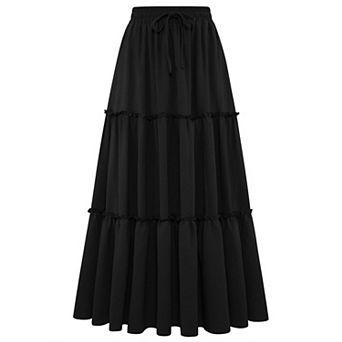 Women's High Waist Pleated Ruffle Flowy Maxi Skirt With Pockets Boho Beach Wear