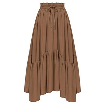 Womens Flowy Boho Renaissance Maxi Skirt Elastic High Waist Pockets Asymmetrical Hem