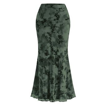 Womens High Waisted Floral Mermaid Maxi Skirt Stretchy Mesh Lining