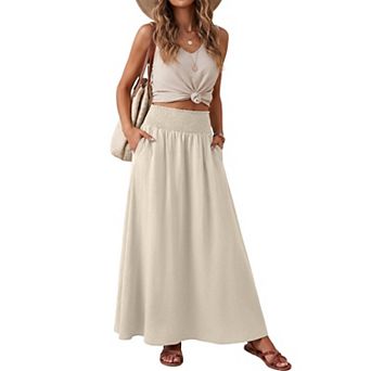Womens Smocked High Waisted Boho Maxi Skirt With Pockets Casual Beach Swing Skirt