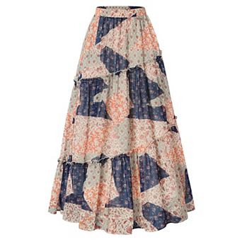 Renaissance Boho Patchwork Tiered Maxi Skirt With Pockets Elastic Waist